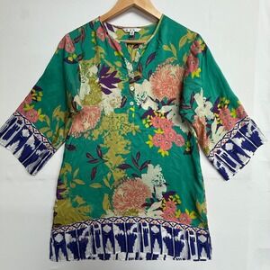 CAbi XS 100% Silk Floral Tunic Blouse Green Boho 3/4 Sleeve Style 812